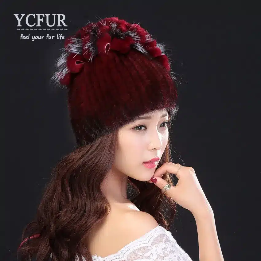 YCFUR Brand Design Women's Winter Hats Beanies Knit Natural Mink Fur Caps With Rex Rabbit Fur Trims Knit Mink Cap 23