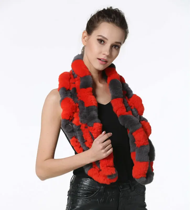 High Quality Fashion Womens Knitted Rex Rabbit Fur Scarves Natural Fur Neckerchief Winter Real Fur Long Wraps 118cm LX00520 11