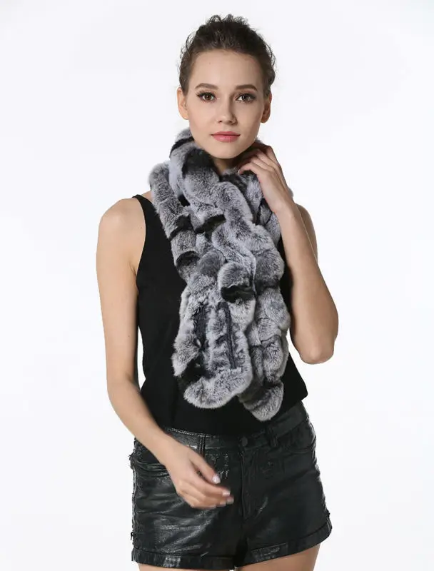 High Quality Fashion Womens Knitted Rex Rabbit Fur Scarves Natural Fur Neckerchief Winter Real Fur Long Wraps 118cm LX00520 24