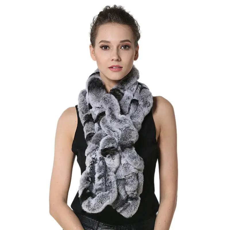 High Quality Fashion Womens Knitted Rex Rabbit Fur Scarves Natural Fur Neckerchief Winter Real Fur Long Wraps 118cm LX00520 25