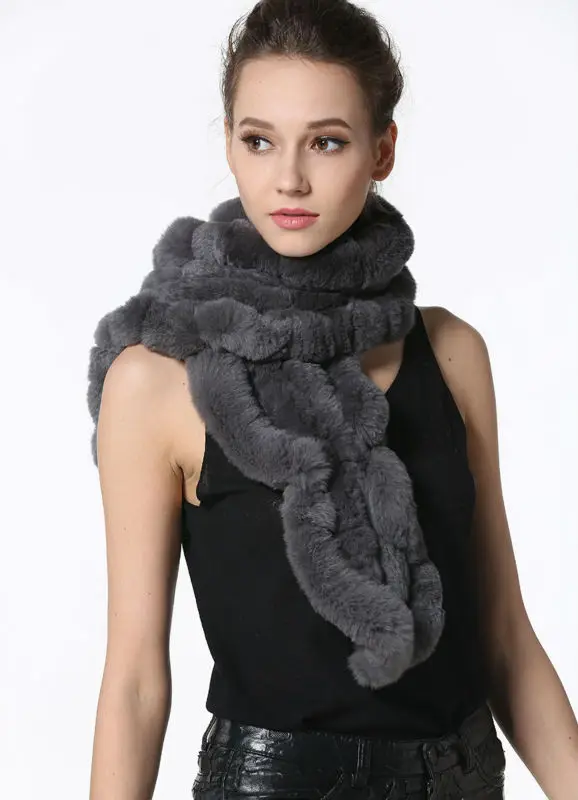 High Quality Fashion Womens Knitted Rex Rabbit Fur Scarves Natural Fur Neckerchief Winter Real Fur Long Wraps 118cm LX00520 31