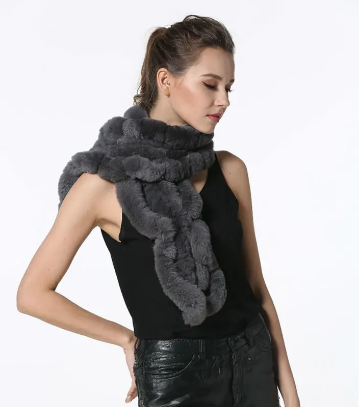 High Quality Fashion Womens Knitted Rex Rabbit Fur Scarves Natural Fur Neckerchief Winter Real Fur Long Wraps 118cm LX00520 32