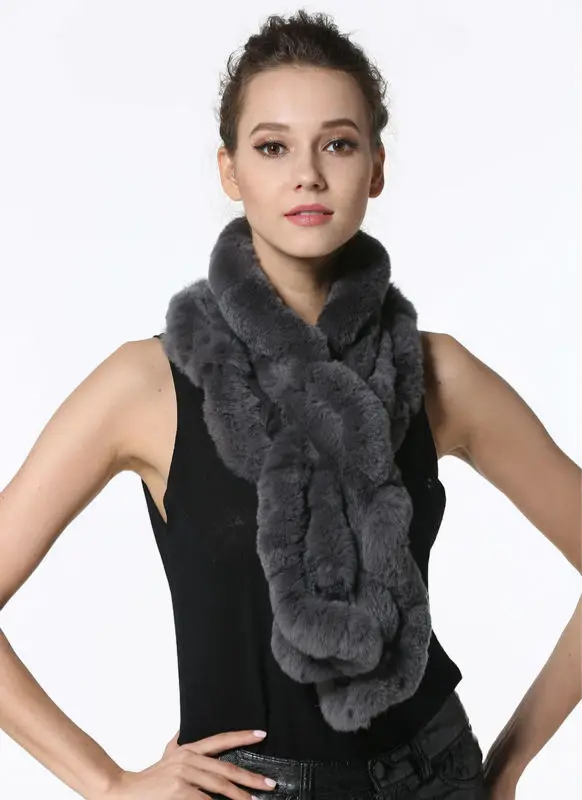High Quality Fashion Womens Knitted Rex Rabbit Fur Scarves Natural Fur Neckerchief Winter Real Fur Long Wraps 118cm LX00520 35