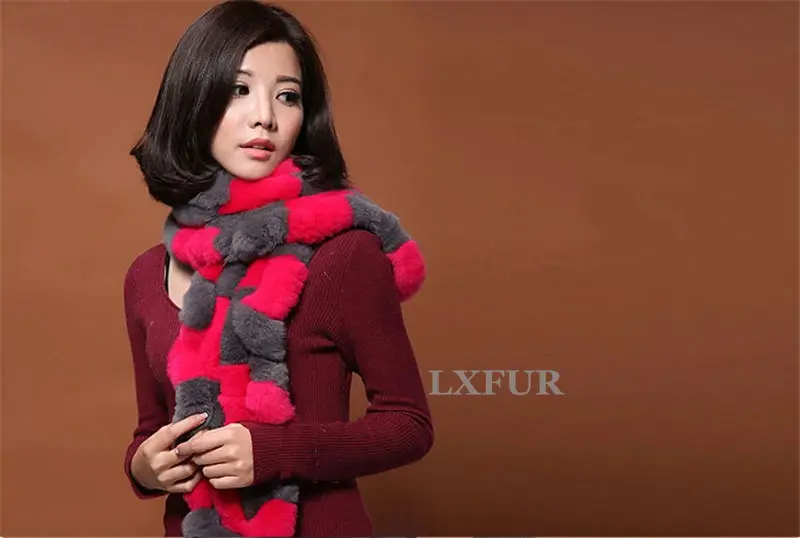 High Quality Fashion Womens Knitted Rex Rabbit Fur Scarves Natural Fur Neckerchief Winter Real Fur Long Wraps 118cm LX00520 45