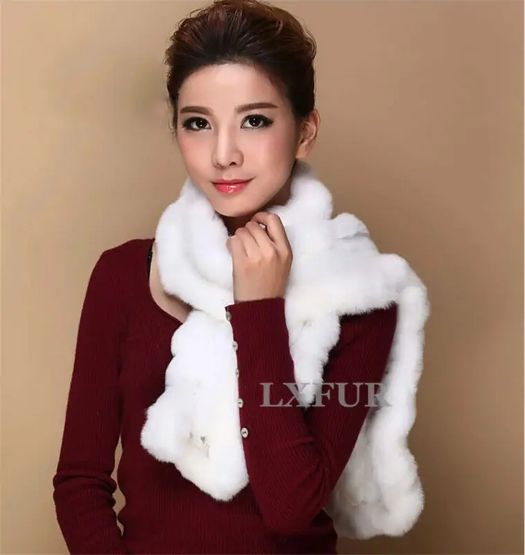 High Quality Fashion Womens Knitted Rex Rabbit Fur Scarves Natural Fur Neckerchief Winter Real Fur Long Wraps 118cm LX00520 48