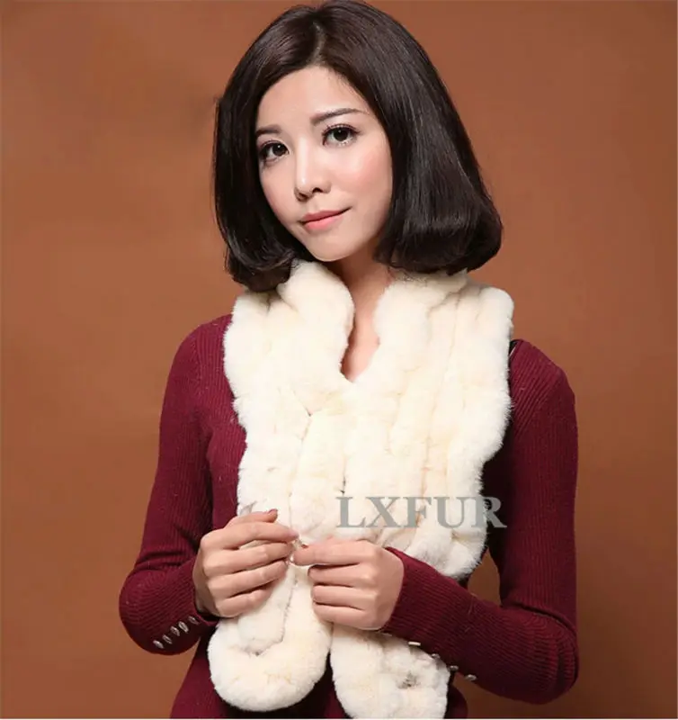 High Quality Fashion Womens Knitted Rex Rabbit Fur Scarves Natural Fur Neckerchief Winter Real Fur Long Wraps 118cm LX00520 49