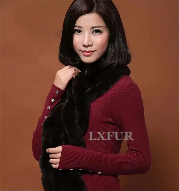 High Quality Fashion Womens Knitted Rex Rabbit Fur Scarves Natural Fur Neckerchief Winter Real Fur Long Wraps 118cm LX00520 50