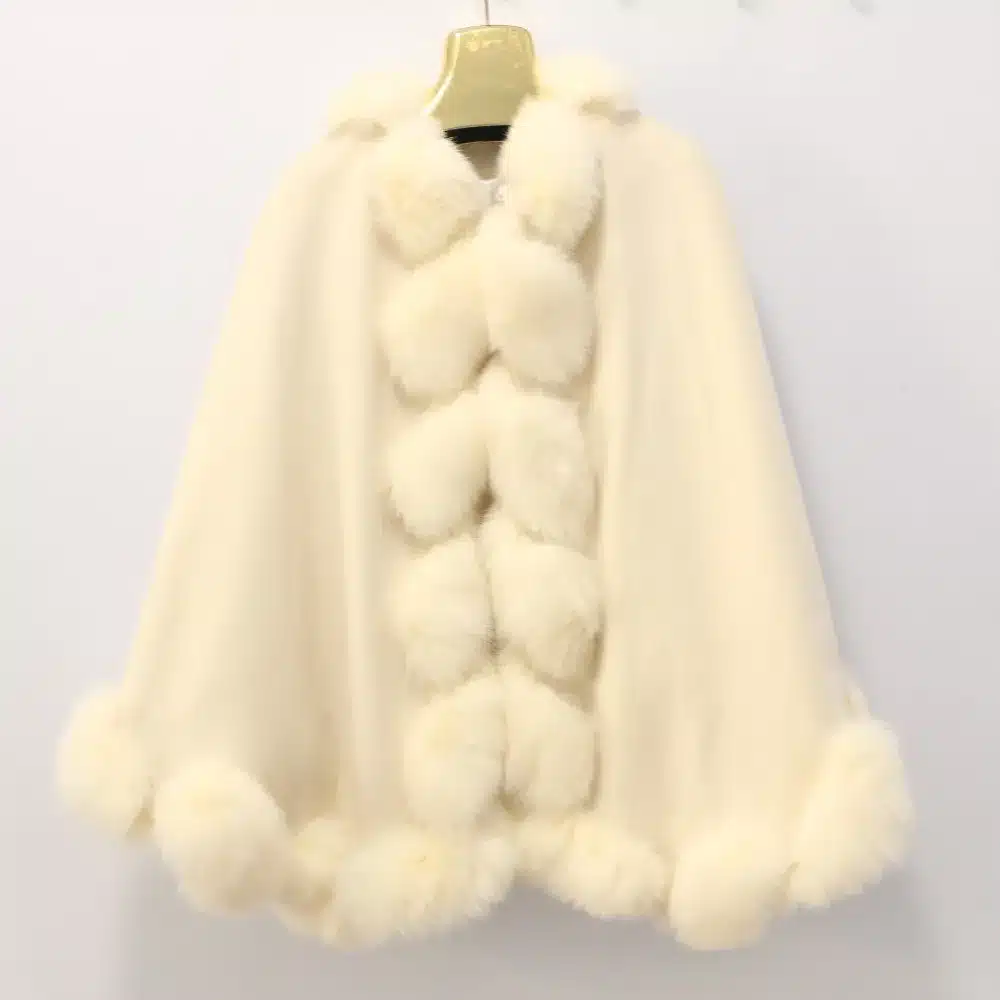 Free shipping spring autumn winter women cream color real fox fur trim cashmere poncho for wedding 1