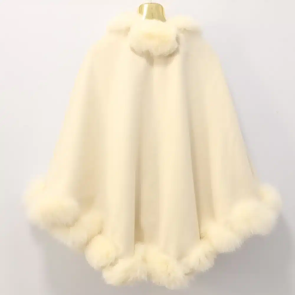 Free shipping spring autumn winter women cream color real fox fur trim cashmere poncho for wedding 2