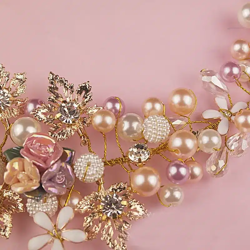 Gold Color Handmade Flower Headpieces Wedding Bridal Pearl And Crystal Headbands For Bride Hair Accessories Jewelry 3