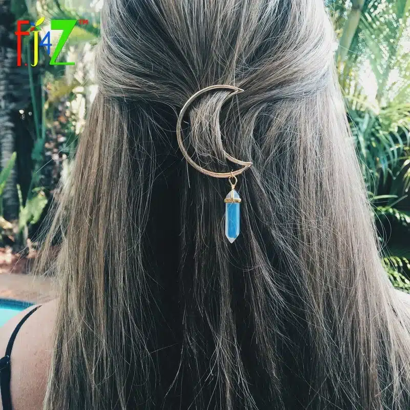 F.J4Z New Hot Fashion Silver Moon Natural Crystal/Stone/Opal Hair Clips for Women Hair Jewelry pinza de pelo 2