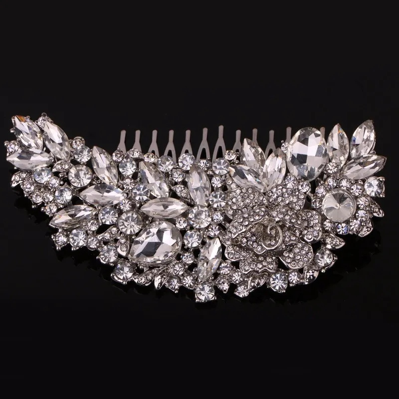 Clear Rhinestone Crystals Pageant Crowns Tiaras Wedding Bridal Flower Hair Comb For Women Bride Hair Jewelry Accessories 3