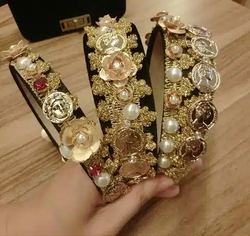 2016 Brand Vintage Baroque Gold Flower Pearl Rhinestone hair bands Lace Metal Coins Portrait Wild Headband Women Hair Jewelry 9