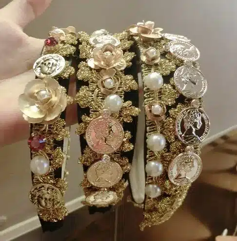 2016 Brand Vintage Baroque Gold Flower Pearl Rhinestone hair bands Lace Metal Coins Portrait Wild Headband Women Hair Jewelry 11