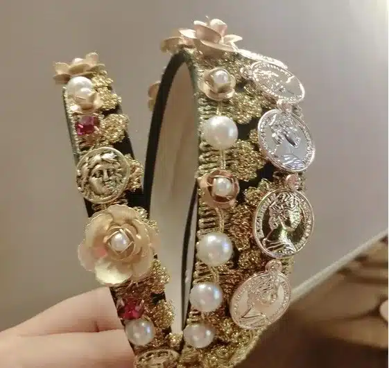 2016 Brand Vintage Baroque Gold Flower Pearl Rhinestone hair bands Lace Metal Coins Portrait Wild Headband Women Hair Jewelry 18