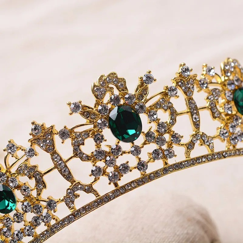 Gold Color Baroque Red Green Crystal Rhinestone Wedding Bridal Prom Tiara Hair Accessories Head Jewelry Pageant Crown For Bride 11