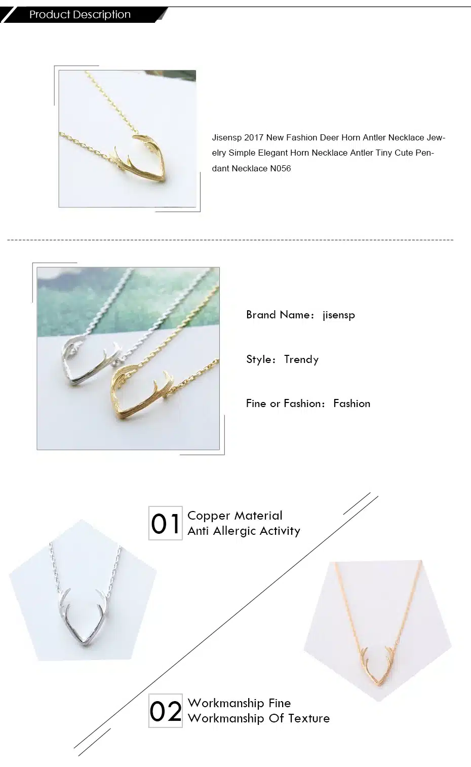 Jisensp 2017 New Fashion Deer Horn Antler Necklace Jewelry Simple Elegant Horn Necklace Antler Tiny Cute Pendant Necklace N056 36