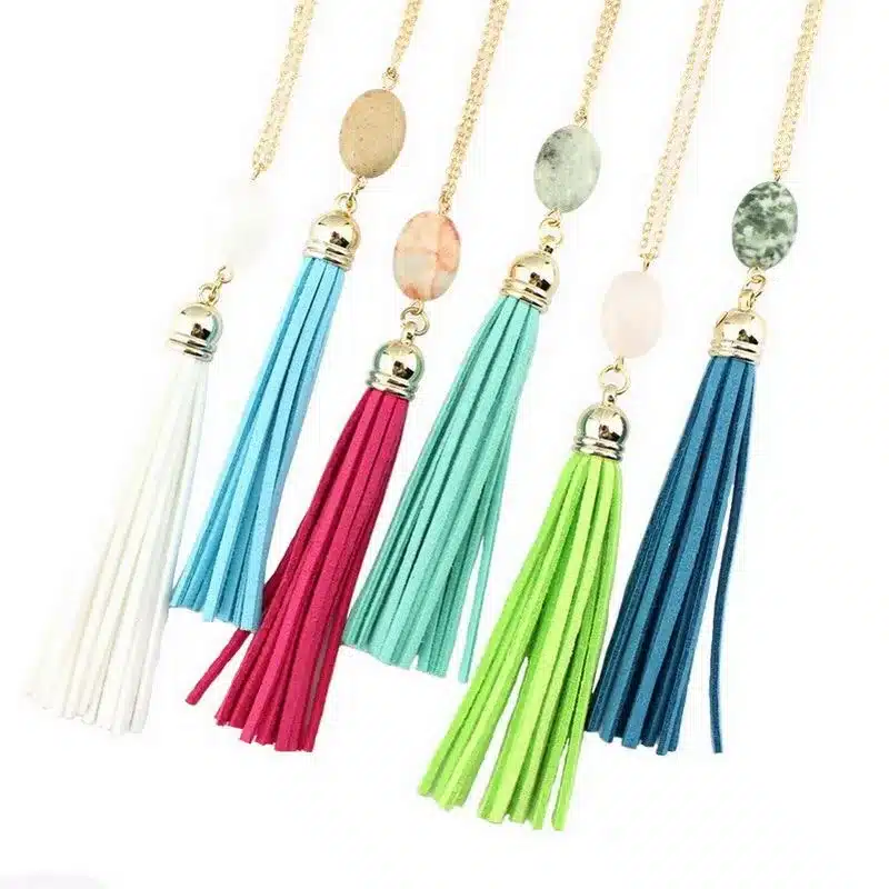 Boho Velvet Long Tassel Necklace 2016 Summer Style Leather Tassel Natural Stone Necklace for Women Sweater Chain Fashion Jewelry 9