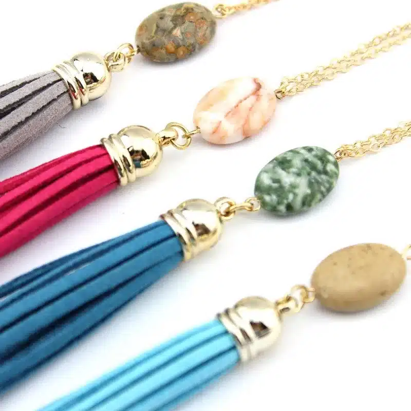 Boho Velvet Long Tassel Necklace 2016 Summer Style Leather Tassel Natural Stone Necklace for Women Sweater Chain Fashion Jewelry 10