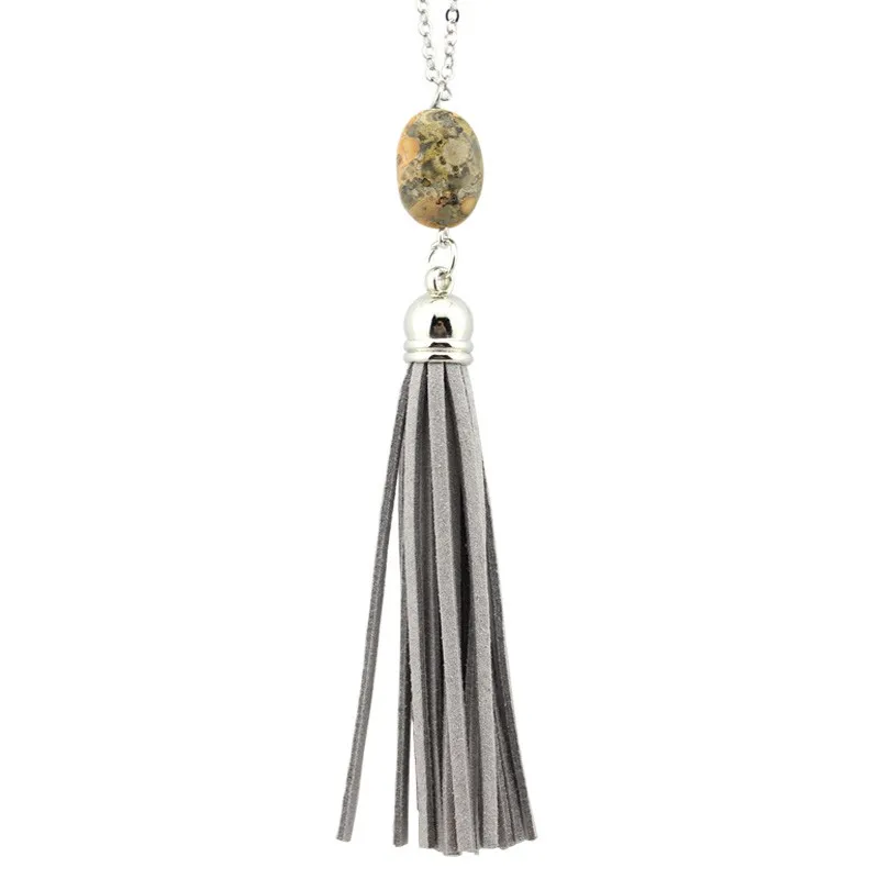 Boho Velvet Long Tassel Necklace 2016 Summer Style Leather Tassel Natural Stone Necklace for Women Sweater Chain Fashion Jewelry 30