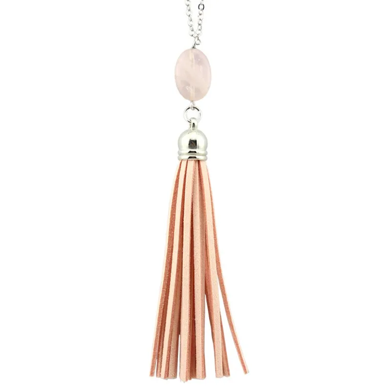 Boho Velvet Long Tassel Necklace 2016 Summer Style Leather Tassel Natural Stone Necklace for Women Sweater Chain Fashion Jewelry 32