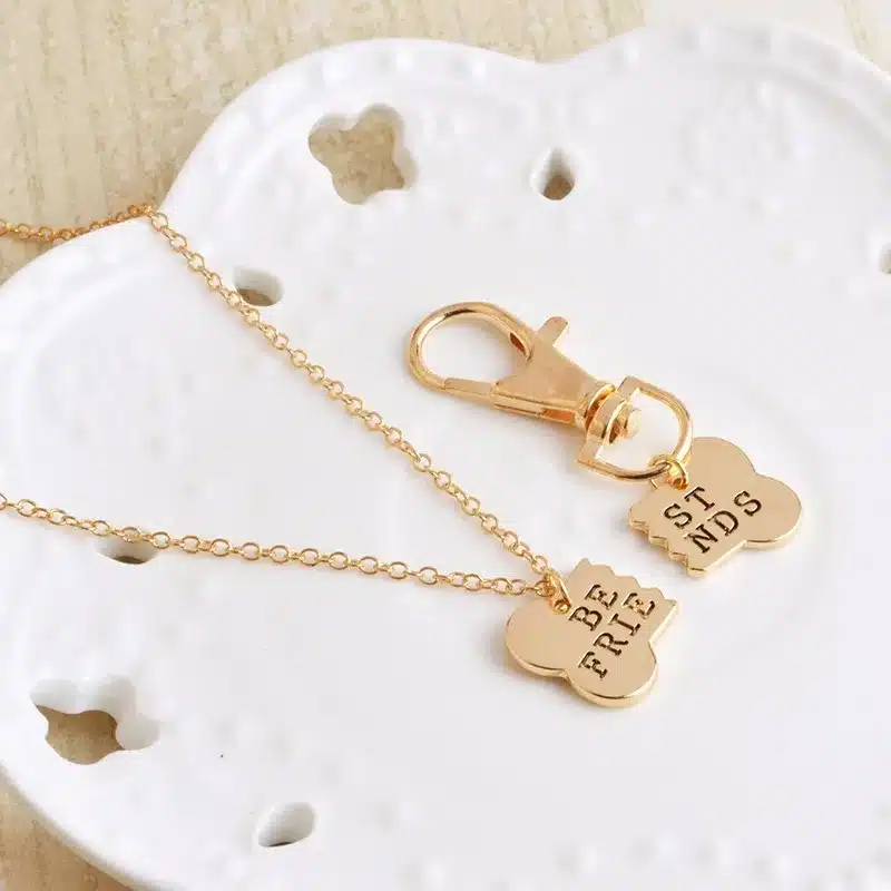 QIHE JEWELRY 2pcs/set Gold Silver Color Dog Bone Best Friends Charm Necklace & Keychain Handstamped BFF Bones Friendship Jewelry 18