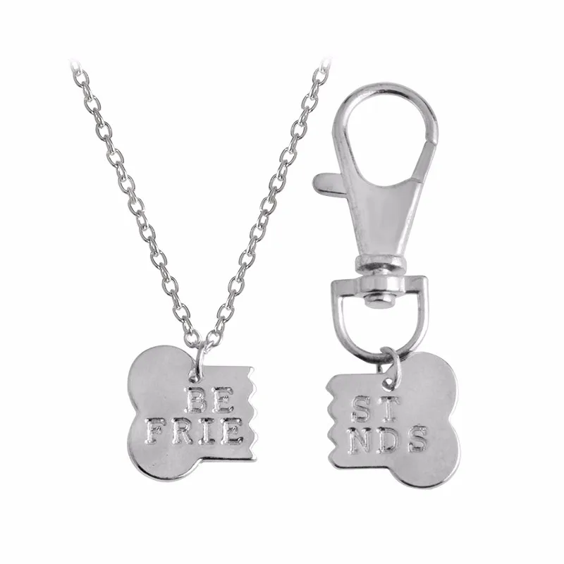 QIHE JEWELRY 2pcs/set Gold Silver Color Dog Bone Best Friends Charm Necklace & Keychain Handstamped BFF Bones Friendship Jewelry 28