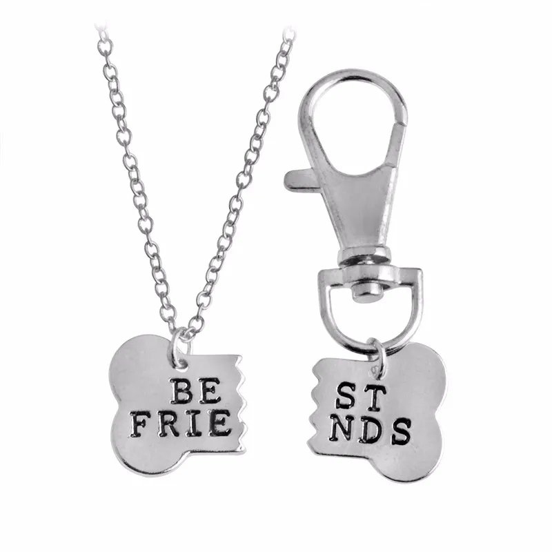 QIHE JEWELRY 2pcs/set Gold Silver Color Dog Bone Best Friends Charm Necklace & Keychain Handstamped BFF Bones Friendship Jewelry 29