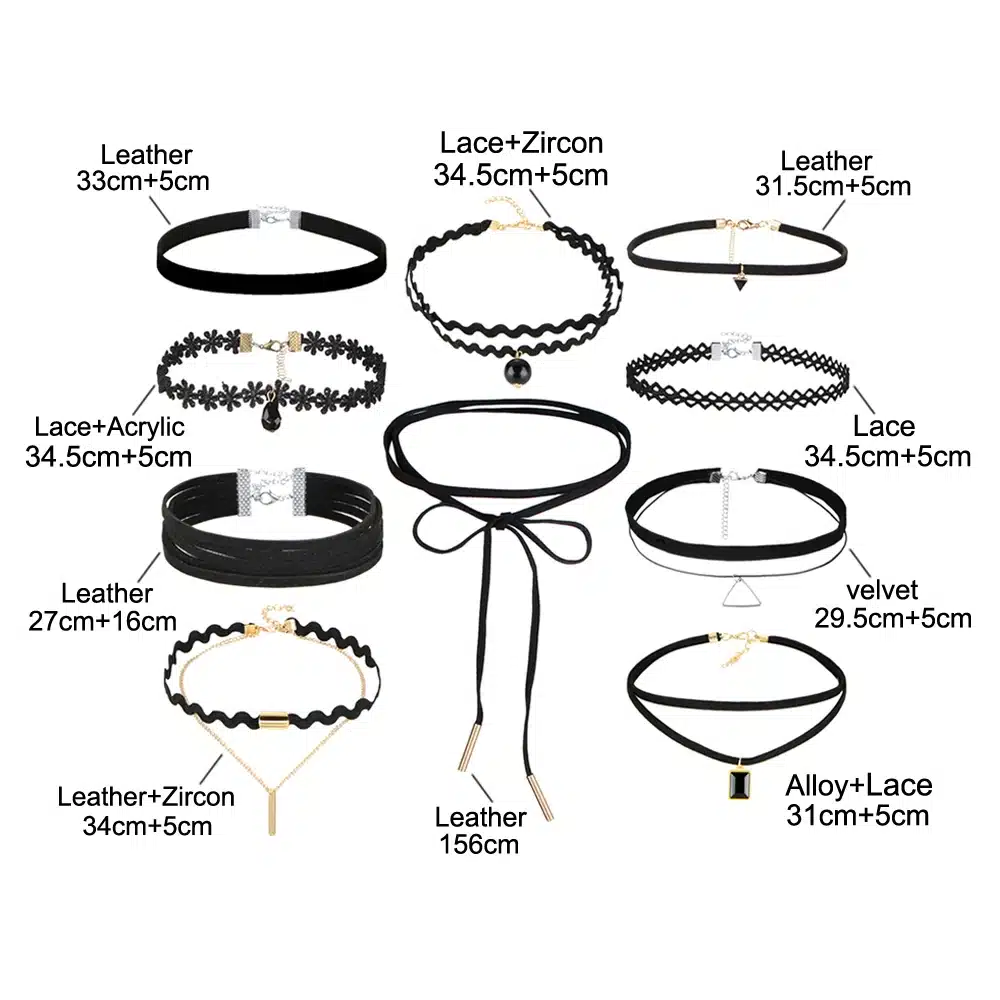 IF ME New Fashion 10pcs/set Black Gothic Choker Necklaces Set for Women Sexy Lace Flower Pu Leather Chokers Collar Jewelry Girl 34