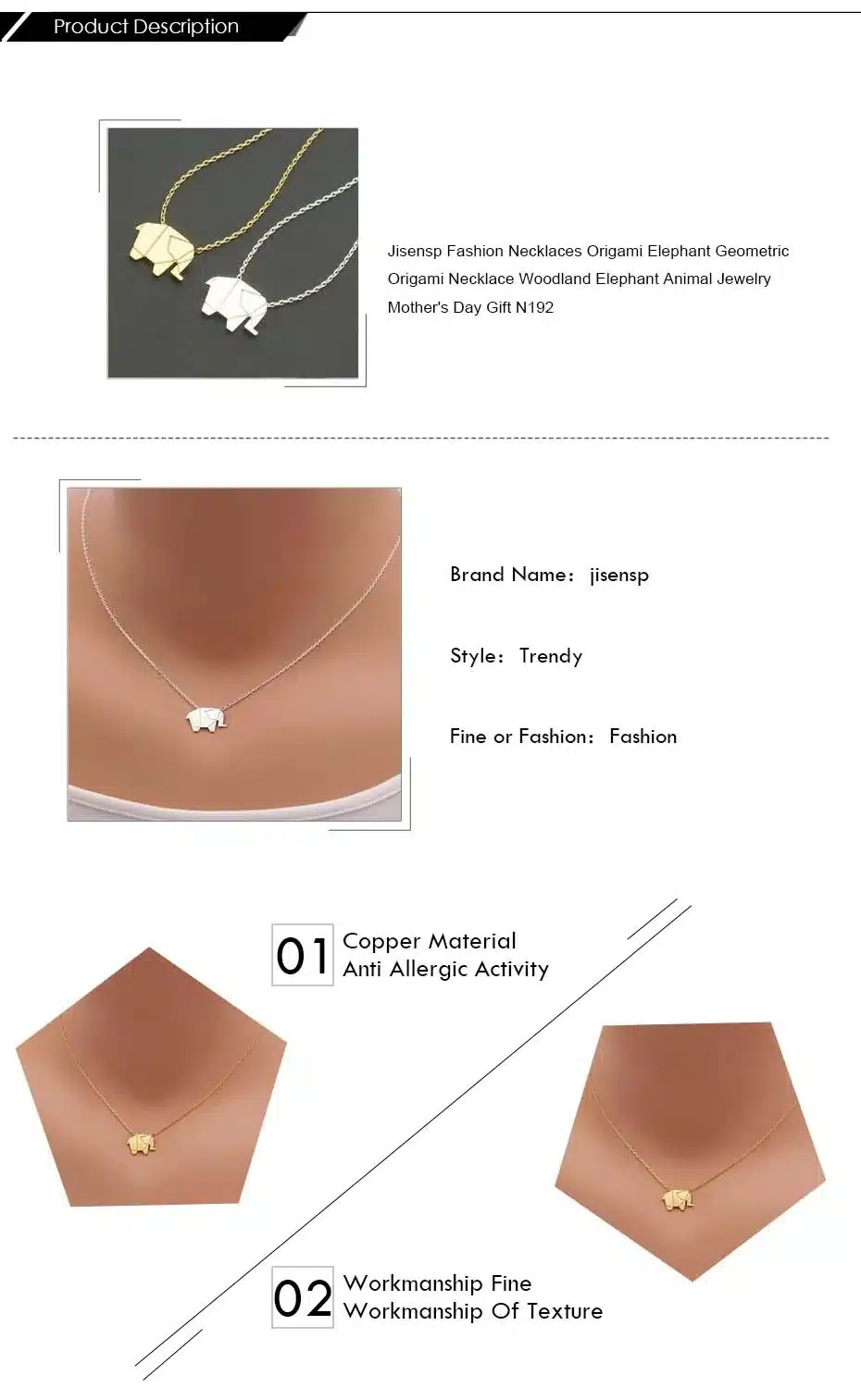 Jisensp Fashion Necklaces Origami Elephant Geometric Origami Necklace Woodland Elephant Animal Jewelry Mother's Day Gift N192 36
