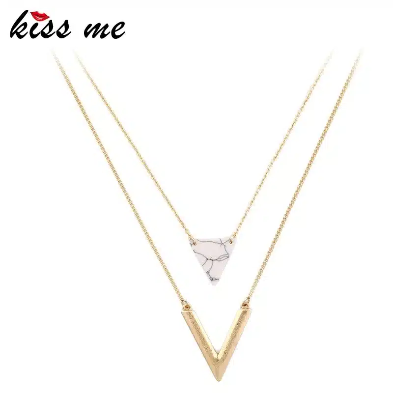 KISS ME Alloy Artificial Marble Triangle Pendant Necklace 2016 New Summer Jewelry Alloy Layered Necklace 17