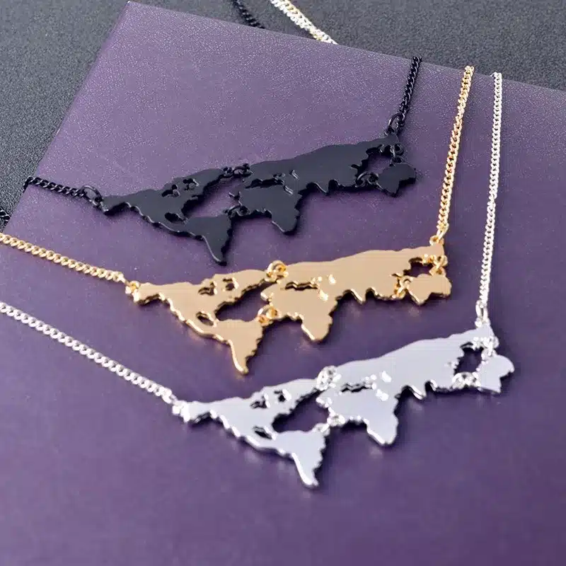 QIHE JEWELRY Gold Silver Black 3Color Globe World Map Pendant Necklace Personality Teacher Student Gifts Earth Jewelry Wholesale 20