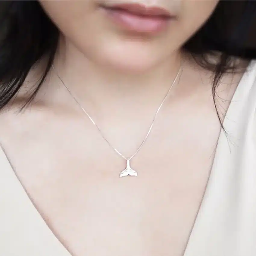 QIMING Wholesale Wedding Jewelry 925 Sterling Silver Whale Tail Fish Nautical Charm Mermaid Tail Silver Necklace Women Neckalces 52