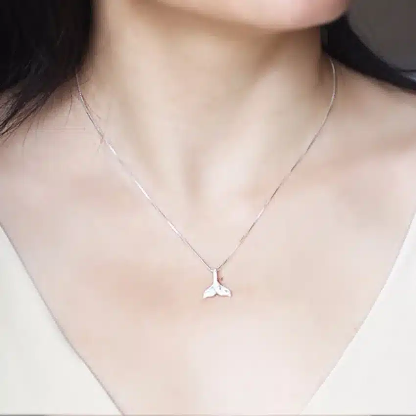QIMING Wholesale Wedding Jewelry 925 Sterling Silver Whale Tail Fish Nautical Charm Mermaid Tail Silver Necklace Women Neckalces 53