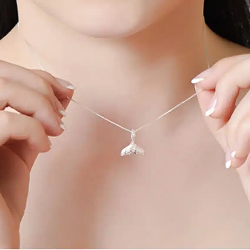 QIMING Wholesale Wedding Jewelry 925 Sterling Silver Whale Tail Fish Nautical Charm Mermaid Tail Silver Necklace Women Neckalces 54