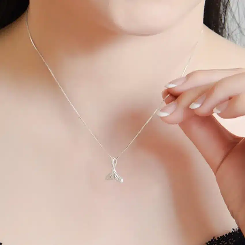 QIMING Wholesale Wedding Jewelry 925 Sterling Silver Whale Tail Fish Nautical Charm Mermaid Tail Silver Necklace Women Neckalces 55