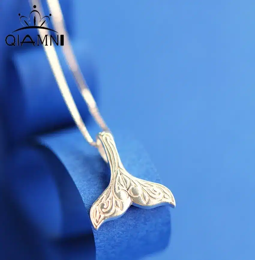 QIMING Wholesale Wedding Jewelry 925 Sterling Silver Whale Tail Fish Nautical Charm Mermaid Tail Silver Necklace Women Neckalces 58