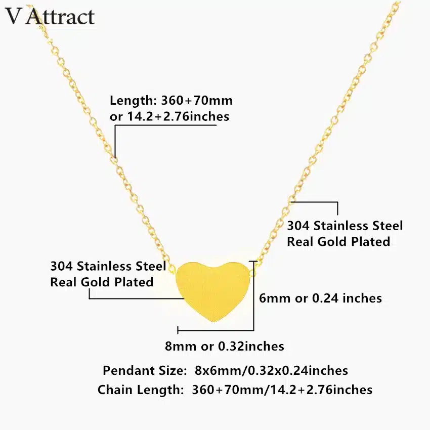 V Attract Women Jewelry Stainless Steel Chain Necklace Gold Color Dainty Tiny Heart Shaped Necklaces Pendants 29