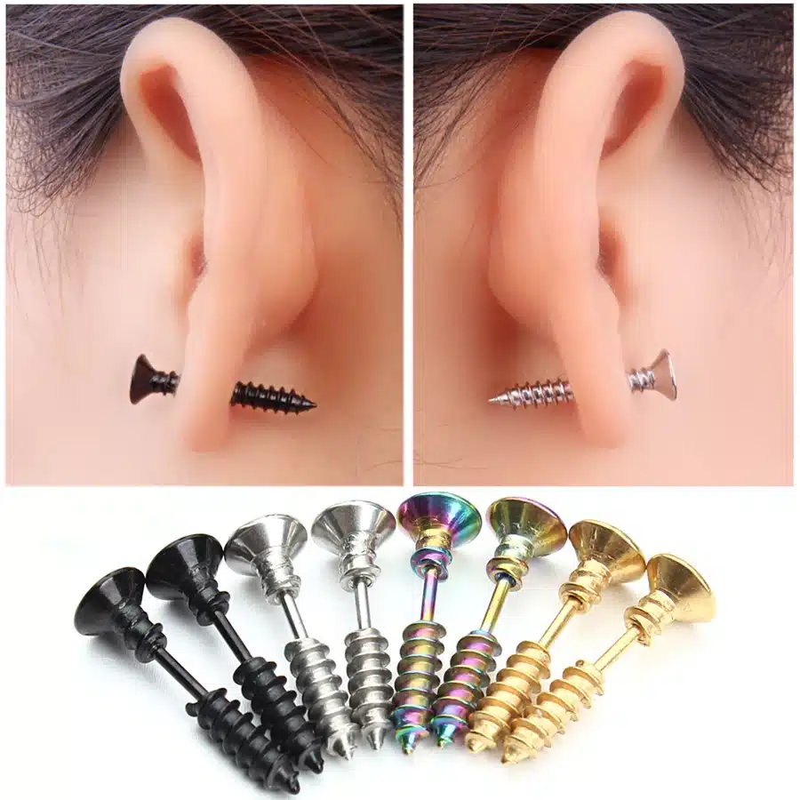 1Pair Punk Fashion Gold Black Color Stainless Nail Screw Stud Earring for Women & Men Helix Ear Piercings Fashion Jewelry F3903 13