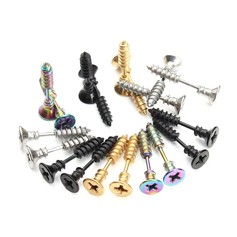 1Pair Punk Fashion Gold Black Color Stainless Nail Screw Stud Earring for Women & Men Helix Ear Piercings Fashion Jewelry F3903 14
