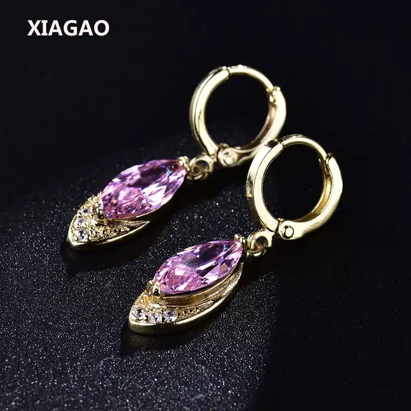 XIAGAO Trendy Long Oval Drop Earrings for Women Gold-color Dangle Piercing Earring Pink CZ Zircon Crystal Wedding Jewelry 16