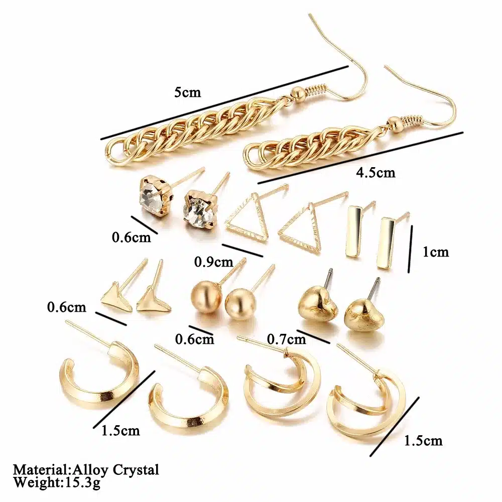 9 pcs/Set Crystal Heart Gold Color Stud Earrings Tassel Triangle Vintage Silver Color Earring Set For Women Jewelry Oorbellen 34