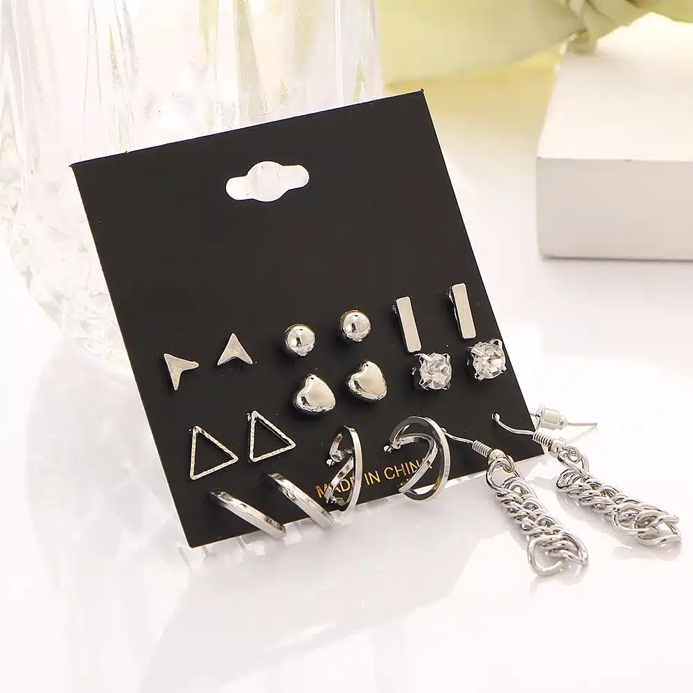 9 pcs/Set Crystal Heart Gold Color Stud Earrings Tassel Triangle Vintage Silver Color Earring Set For Women Jewelry Oorbellen 35
