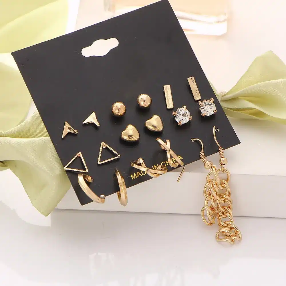 9 pcs/Set Crystal Heart Gold Color Stud Earrings Tassel Triangle Vintage Silver Color Earring Set For Women Jewelry Oorbellen 36