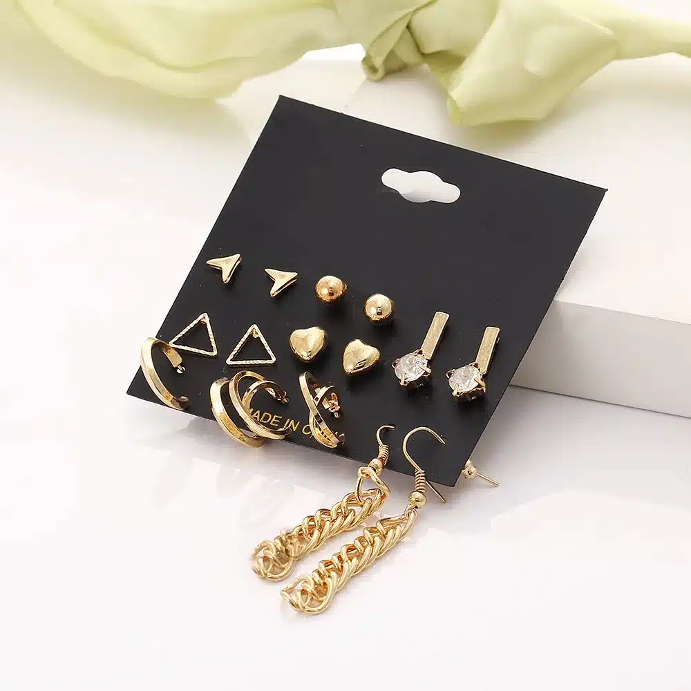 9 pcs/Set Crystal Heart Gold Color Stud Earrings Tassel Triangle Vintage Silver Color Earring Set For Women Jewelry Oorbellen 37