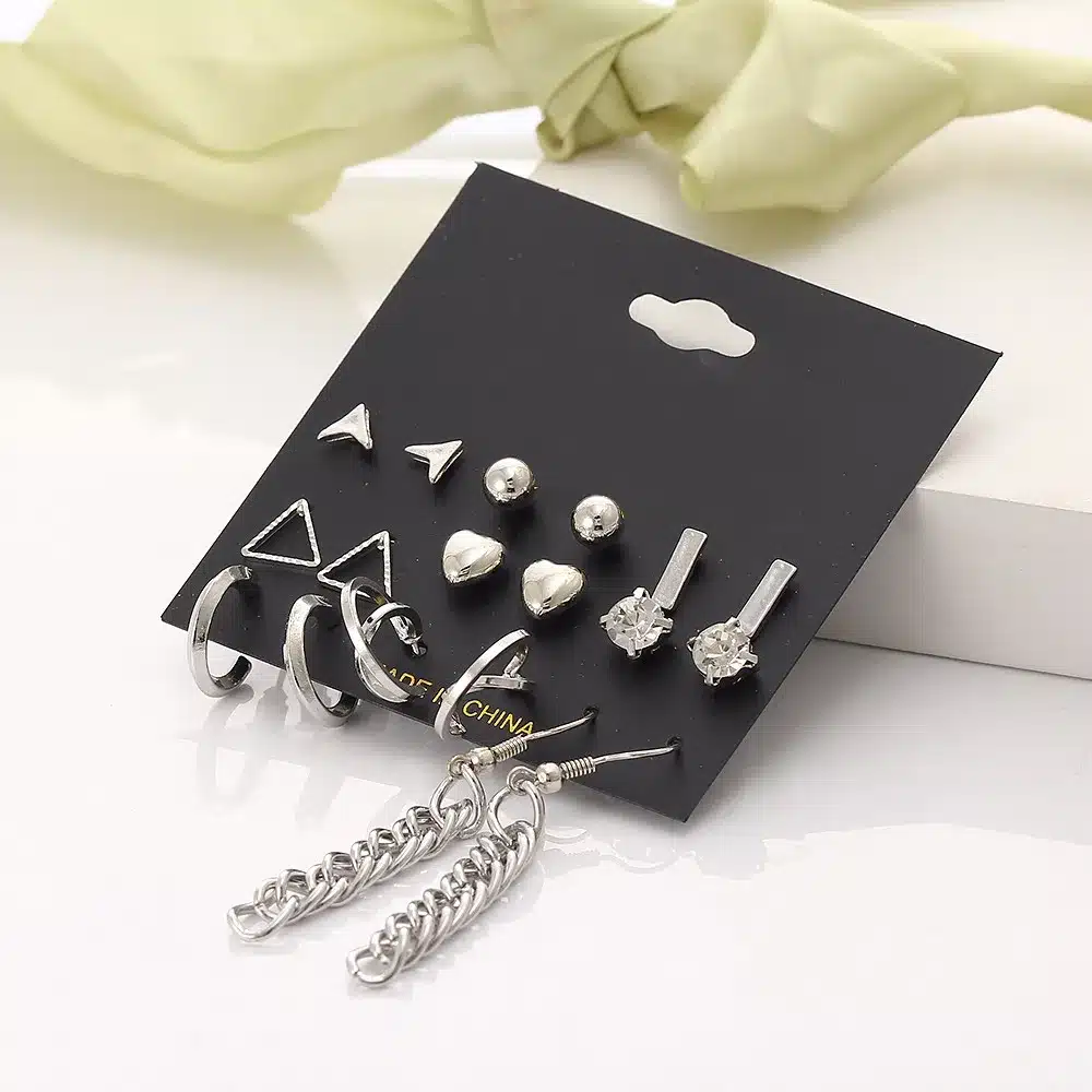 9 pcs/Set Crystal Heart Gold Color Stud Earrings Tassel Triangle Vintage Silver Color Earring Set For Women Jewelry Oorbellen 38
