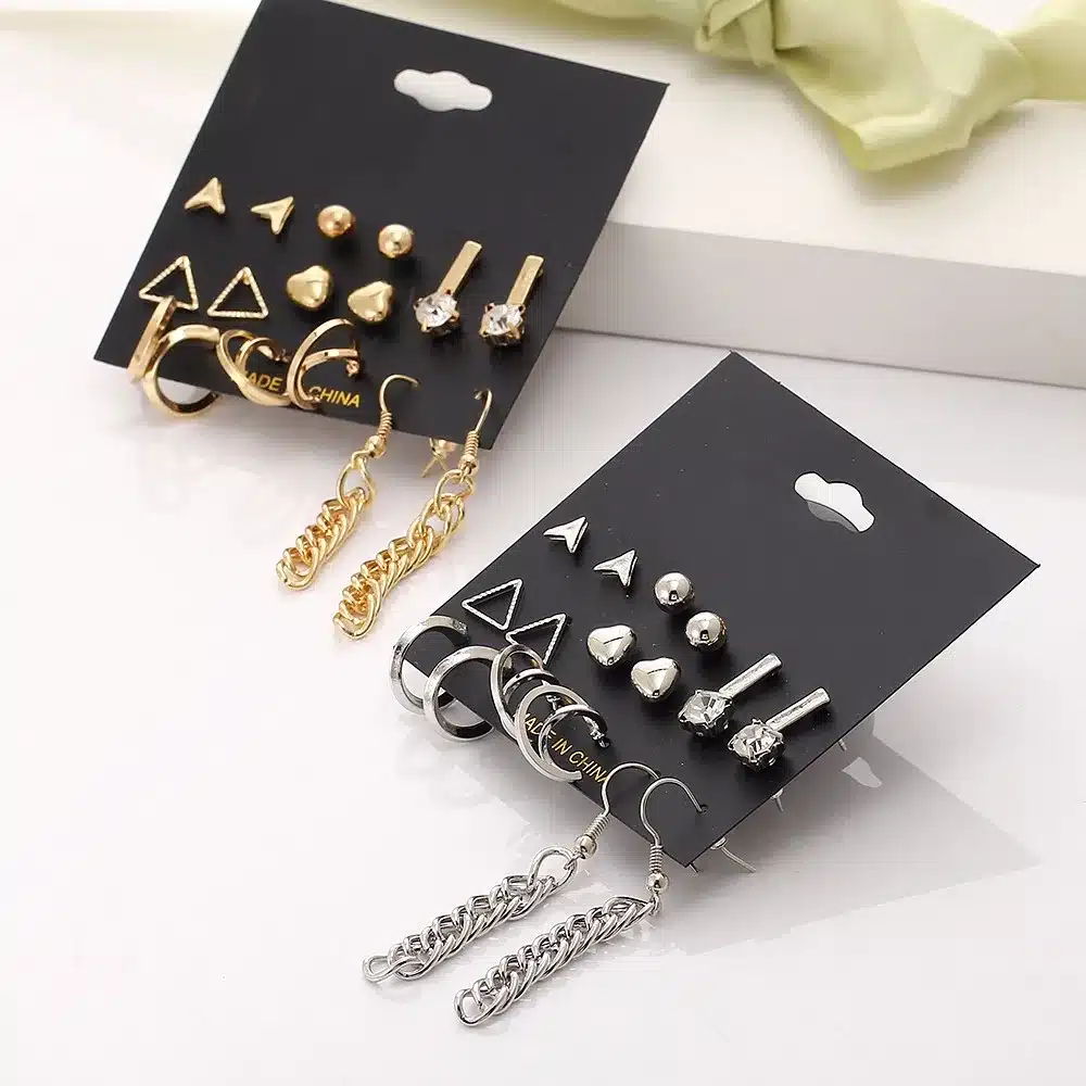 9 pcs/Set Crystal Heart Gold Color Stud Earrings Tassel Triangle Vintage Silver Color Earring Set For Women Jewelry Oorbellen 39