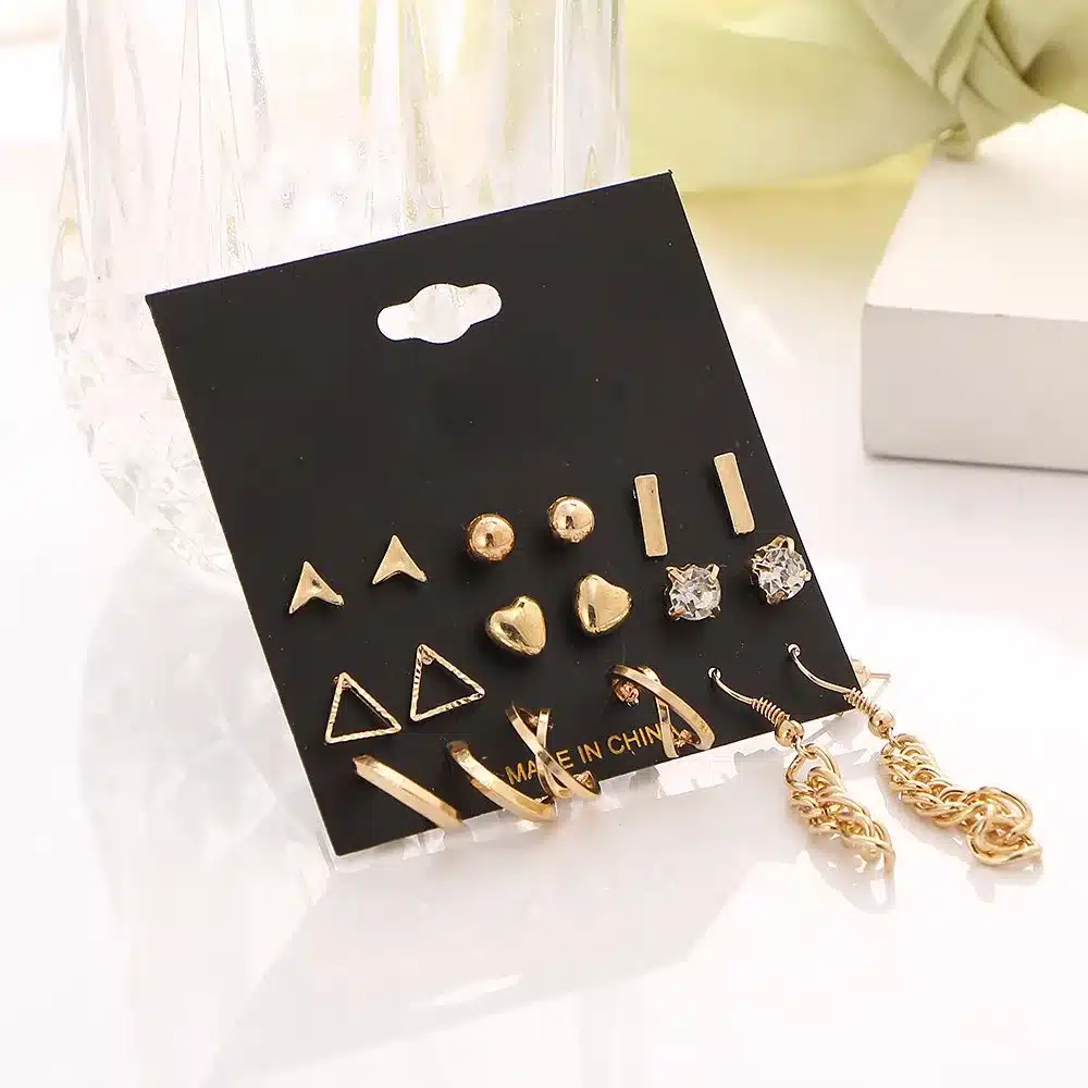 9 pcs/Set Crystal Heart Gold Color Stud Earrings Tassel Triangle Vintage Silver Color Earring Set For Women Jewelry Oorbellen 40