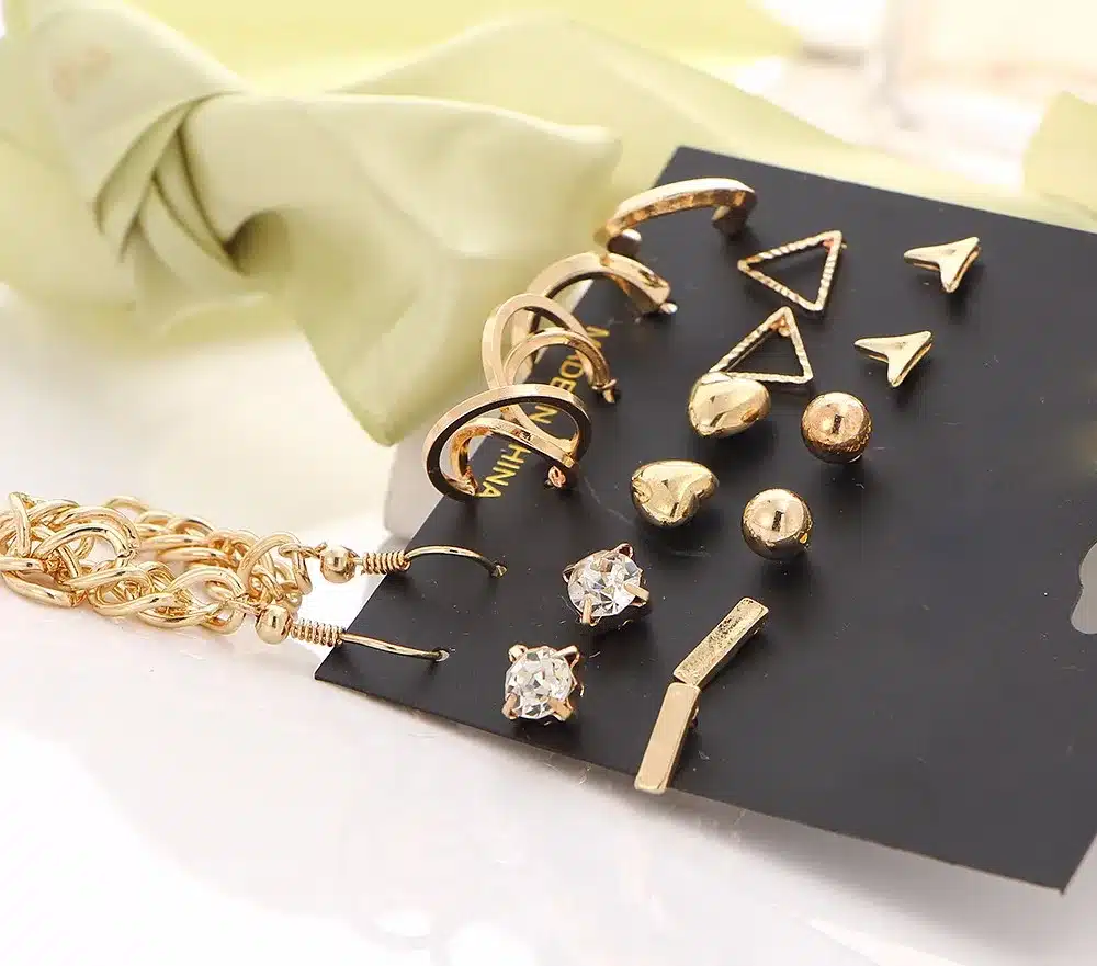 9 pcs/Set Crystal Heart Gold Color Stud Earrings Tassel Triangle Vintage Silver Color Earring Set For Women Jewelry Oorbellen 41