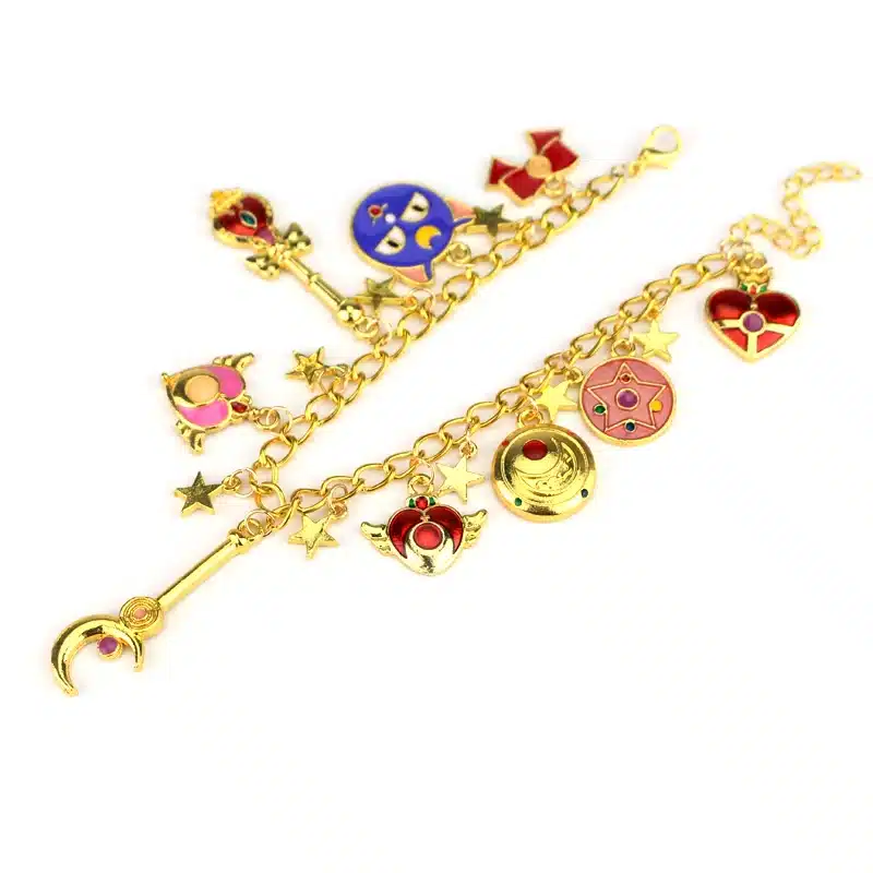 2New Sailor Moon Shielded Star Crystal Bracelet & Bangle with Enamel Stars,Pentacle Charms Anime Cosplay Jewelry for Girls/Women 18